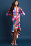 Stripe Bell Sleeve Crop Top With Ruffled High Low Skirt Set