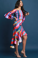 Stripe Bell Sleeve Crop Top With Ruffled High Low Skirt Set