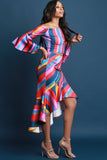 Stripe Bell Sleeve Crop Top With Ruffled High Low Skirt Set