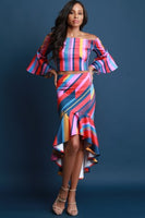 Stripe Bell Sleeve Crop Top With Ruffled High Low Skirt Set