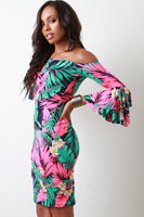 Tropical Trumpet Sleeve Bardot Bodycon Dress