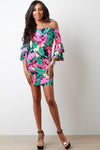Tropical Trumpet Sleeve Bardot Bodycon Dress