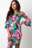 Tropical Trumpet Sleeve Bardot Bodycon Dress