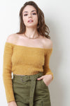 Fuzzy Knit Long Sleeve Bardot Crop Top